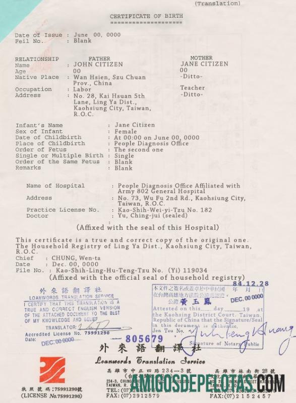 Realista modelo de certidão de nascimento de Taiwan em formato PSD